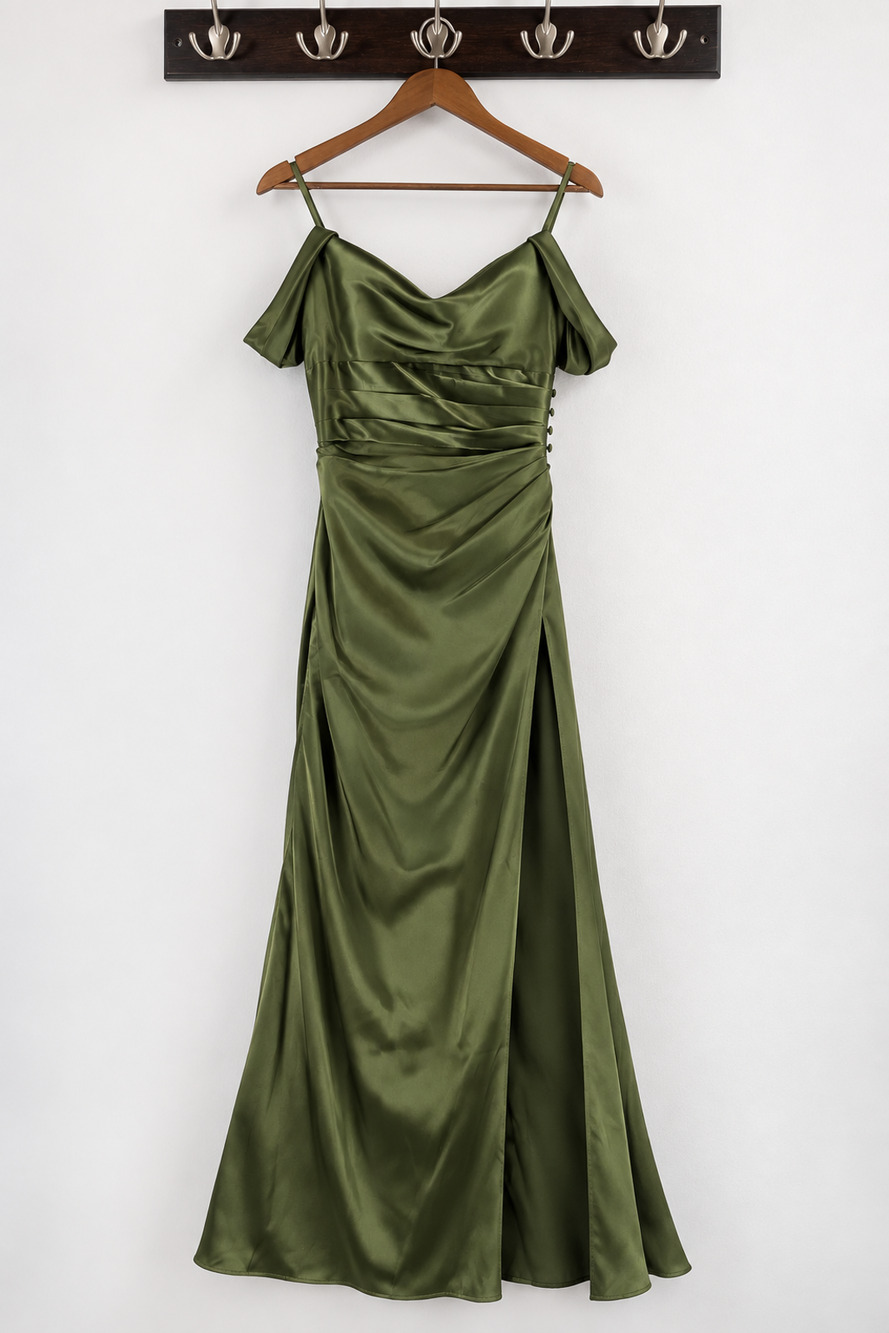 David's Bridal Olive Green Charmeuse Gown Size 8 Cowl Prom Wedding Bridesmaid